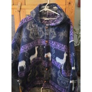 San Cristobal Women's 100% Alpaca Wool Button Down Hooded JACKET With Llamas